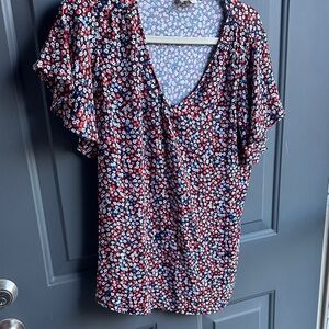 LOFT Floral V-Neck Blouse - Red, White, and Blue